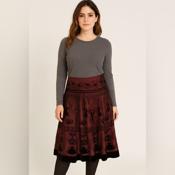 MSK Burgundy Black Flocked Velvet A-Line Skirt Women’s Large Style 38865 - Picture 7 of 7